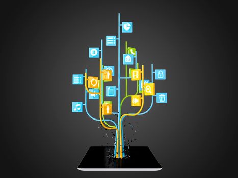 Social media icons set in tree shape on Modern black tablet pc, technology background