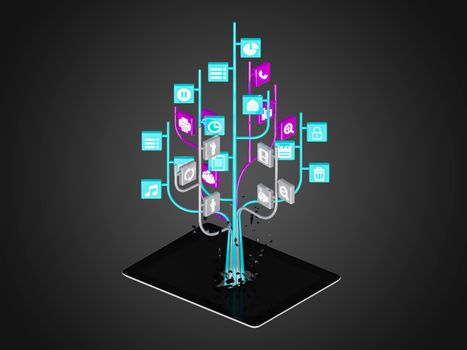 Social media icons set in tree shape on Modern black tablet pc, technology background