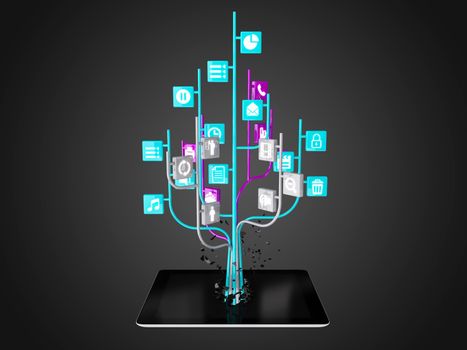 Social media icons set in tree shape on Modern black tablet pc, technology background