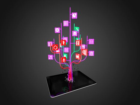 Social media icons set in tree shape on Modern black tablet pc, technology background