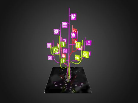 Social media icons set in tree shape on Modern black tablet pc, technology background