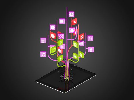 Social media icons set in tree shape on Modern black tablet pc, technology background