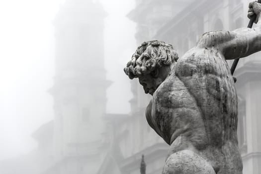 The Fontana del Nettuno (Fountain of Neptune) is a fountain in Rome, Italy, located at the north end of the Piazza Navona. It was once called "Fontana dei Calderari" because it was located close to a small alley with blacksmith's workshops, makers of pots and pans and of other metal based businesses, all of them generating heat.