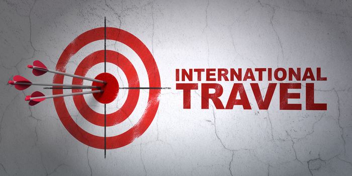 Success tourism concept: arrows hitting the center of target, Red International Travel on wall background