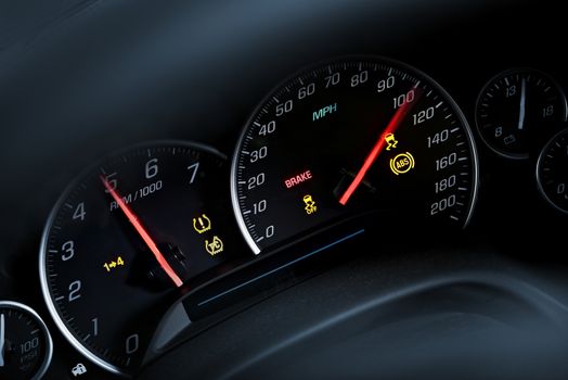 Super Car Tachometer. Car Dashboard. Modern Super Car Interior.