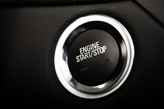 Car Engine Start Button. Black and Chrome Materials Ignite Button. Push Start Vehicle Button.