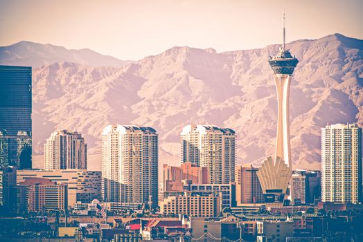 Vintage Las Vegas Skyline. Las Vegas Strip From Distance. Vintage Color Grading. Nevada, United States.