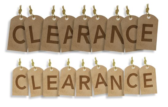 Hanging Clearance Vintage Labels. Paper Labels Creating Word Clearance. Business Marketing Object Isolated on White.
