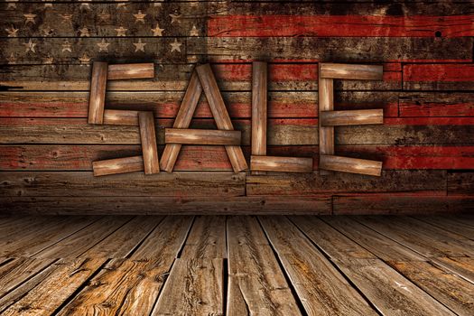 Wooden Sale on Wood Wall with American Flag Overlay. American Countryside Store Sale Concept.