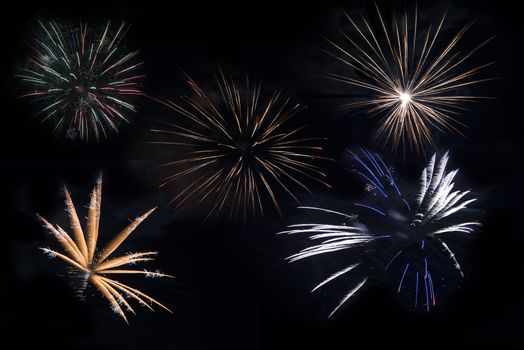 Separated Fireworks Blasts on Solid Black. Five Firework Explosions to Choose From.
