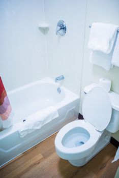 Small Bathroom with Bath Tube and Toilet. Vertical Bathroom Photo.