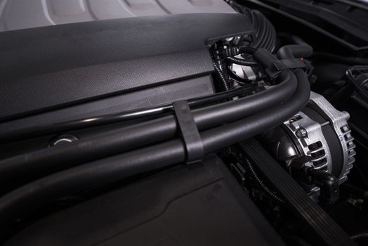 Modern Vehicle Engine. Super Car Gas Engine Closeup.