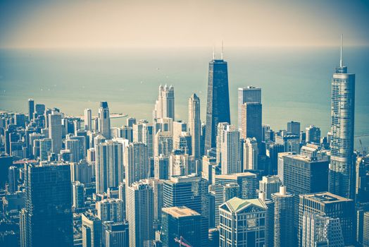 Chicago Illinois Skyline Aerial View. Chicago and Lake Michigan. United States. Vintage Blue Color Grading.