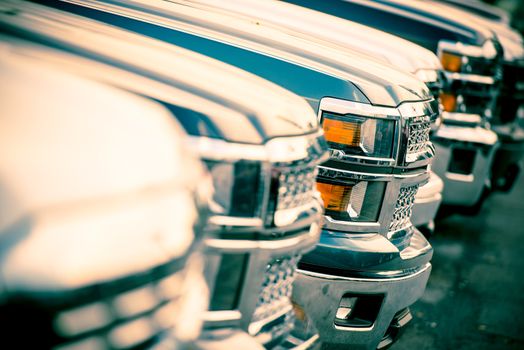 Car Sales. Car Dealer Cars Stock Row Closeup. Brand New Pickup Cars For Sale.