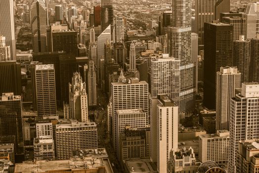 Vintage Chicago. Downtown Chicago in Vintage Sepia Color Grading. Aerial City Center View.