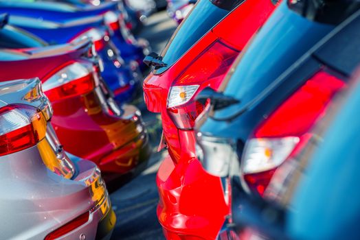 Brand New Cars Market. Colorful Car Bodies in Dealer Stock. Cars For Sale.
