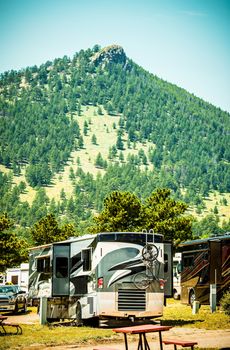 Motorhome RVing American Lifestyle. Class A Motohomes in the RV Park.