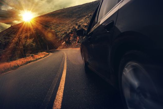 Summer Highway Drive. Mountain Road Driving at Sunset.