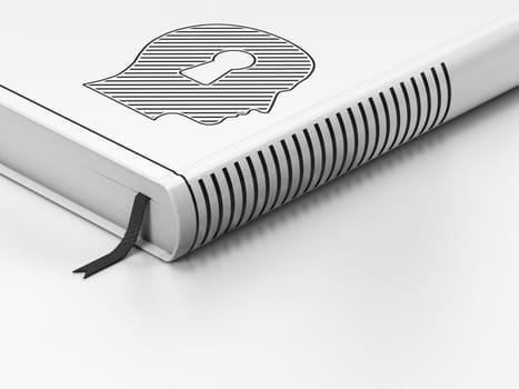 Learning concept: closed book with Black Head With Keyhole icon on floor, white background, 3d render