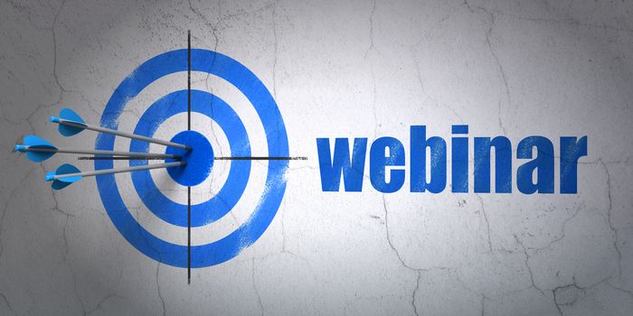 Success Studying concept: arrows hitting the center of target, Blue Webinar on wall background