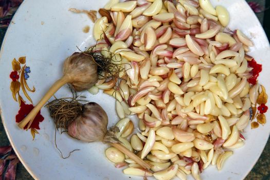 Peeled garlic cloves on a plate. Zanzibar