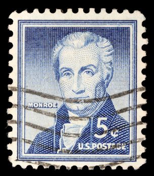Stamp printed in the United States shows portrait of the fifth President of the United States James Monroe (1758-1831), circa 1954
