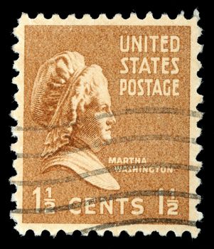 Stamp shows portrait Martha Dandridge Custis Washington (June 2, 1731 - May 22, 1802) was the wife of George Washington, the first president of the United States, circa 1938.