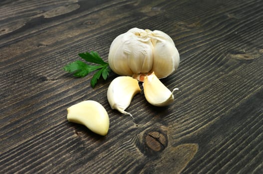 garlic vegetable over dark wood rustic background