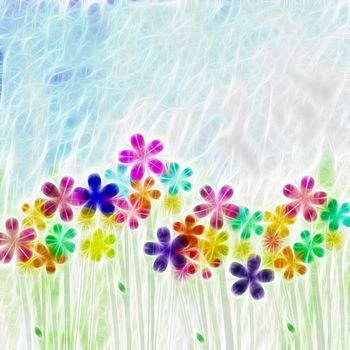 watercolor abstract flowers colorful and green grass and blue sky