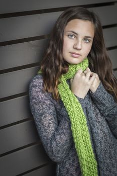 Portrait of Young Pretty Blue Eyed Girl Wood Background.