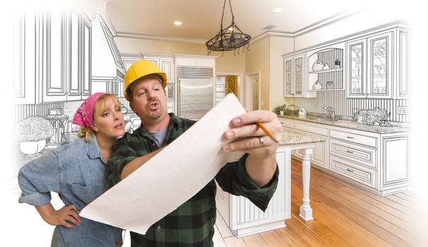 Male Contractor in Hard Hat Discussing Plans with Woman, Kitchen Drawing Photo Combination Behind.