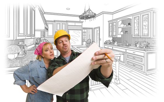 Male Contractor in Hard Hat Discussing Plans with Woman, Kitchen Drawing Behind.