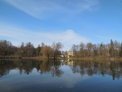 Gatchina Palace and Karpin pond in Gatchina park.