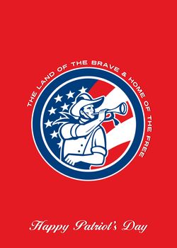 Patriots Day�greeting card featuring an illustration of an American calvary soldier blowing a bugle looking to the side set inside circle with USA stars and stripes flag in background done in retro style with the words The Land of the Brave & Home of the Free, Happy Patriot's Day