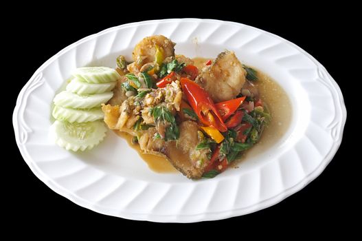 Stir fry basil leaves with fish and cucumber