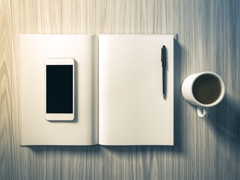 High angle view of a setting table of business workplace, shot in office, home work space