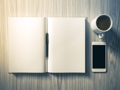 High angle view of a setting table of business workplace, shot in office, home work space