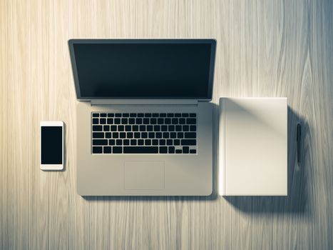 High angle view of a setting table of business workplace, shot in office, home work space