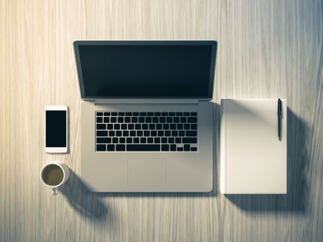 High angle view of a setting table of business workplace, shot in office, home work space