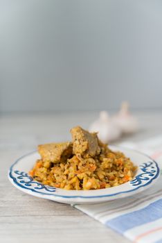 Plate of rice and meat national dish pilau