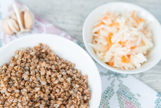 Dinner with the buckwheat cereals and sauerkraut