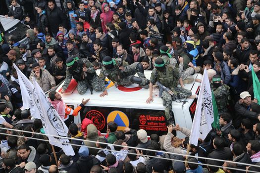 GAZA STRIP, Gaza City: An ambulance transports the body of one of the seven Hamas militants who were killed after a tunnel built for fighting Israel collapsed in the Gaza Strip, during their funeral in Gaza City on January 29, 2016.The Ezzedine Al-Qassam Brigades, Hamas's armed wing, said that four militants managed to escape after the collapse late on January 26 in the northeast of the strip.