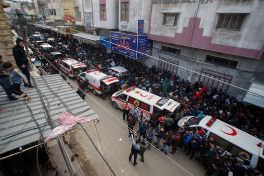 GAZA STRIP, Gaza City: Ambulances transport the bodies the seven Hamas militants who were killed after a tunnel built for fighting Israel collapsed in the Gaza Strip, during their funeral in Gaza City on January 29, 2016.The Ezzedine Al-Qassam Brigades, Hamas's armed wing, said that four militants managed to escape after the collapse late on January 26 in the northeast of the strip.
