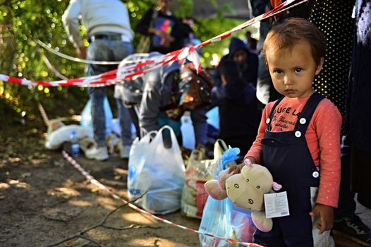 October 4, 2015; Bapska in Serbia. Group of refugees leaving Serbia. They came to Bapska by buses and then they leaving Serbia and go to Croatia and then to Germany. Many of them escapes from home because of civil war. 