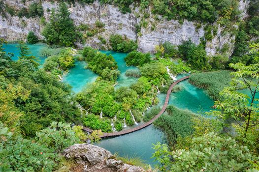 Bird view of beautiful waterfalls in Plitvice Lakes, National Park of Croatia