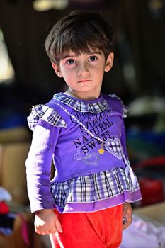 October 4, 2015; Bapska in Serbia. Group of refugees leaving Serbia. They came to Bapska by buses and then they leaving Serbia and go to Croatia and then to Germany. Many of them escapes from home because of civil war. 