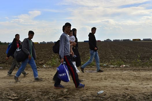 October 4, 2015; Sid in Serbia. Group of Afghan refugees leaving Serbia. They came to Sid by taxi and then they leaving Serbia and go to Croatia and then to Germany. Many of them escapes from home because of civil war. 