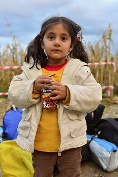 October 4, 2015; Bapska in Serbia. Group of refugees leaving Serbia. They came to Bapska by buses and then they leaving Serbia and go to Croatia and then to Germany. Many of them escapes from home because of civil war. 