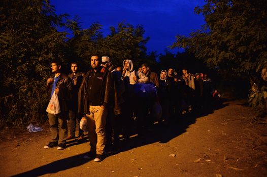 October 4, 2015; Bapska in Serbia. Group of refugees leaving Serbia. They came to Bapska by buses and then they leaving Serbia and go to Croatia and then to Germany. Many of them escapes from home because of civil war. 