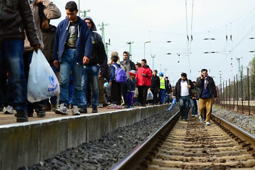 October 6,2015; Hegyeshalom in Hungary. Group of refugees leaving Hungary. They came to Hegyeshalom by train and then they leaving Hungary and go to Austria and then to Germany. Many of them escapes from home because of civil war. 